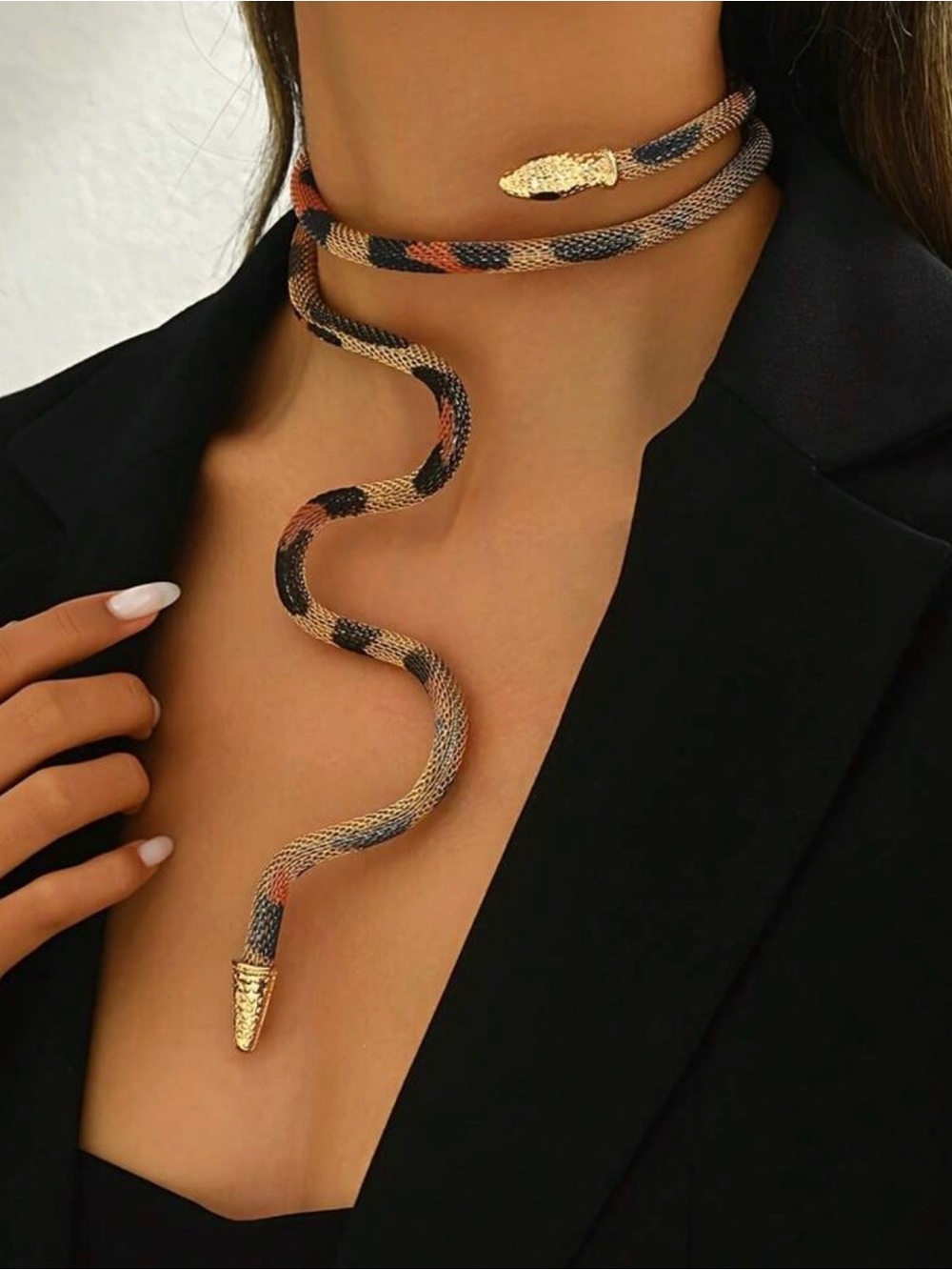 Gold-Tone Snake Wrap Choker Necklace in Black, Beige & Terracotta